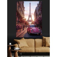 Tablomega Eyfel Kulesi Paris Sokağı ve Pembe Vosvos Araba Dekoratif Kanvas - Mdf Ahşap Tablo