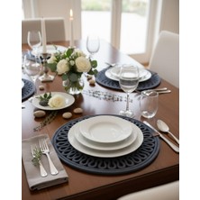 Mtg Jüt Tasarım El Emeği Doğal Jüt Kordon Halattan  6 Adet Gri Renk Desenli Model Supla Yemek Masası Tabak Altlığı Amerikan Servis