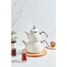 Parlak Kristal Krem Emaye Midi Çaydanlık Takımı, Şık ve Dayanıklı Kullanım