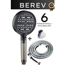 Berev 6 Fonksiyonlu Filtreli Duş Başlığı Seti Siyah Su Tasarruflu Basınçlı Kireç Klor Önleyici Örgülü Duş Hortumu Mafsal