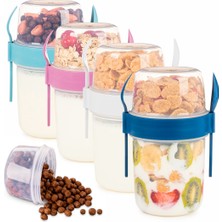 Eynel 4lü Set 1100 ml Take-Go Kaşıklı Hazneli Meyveli Yoğurt Kabı Piknik Atıştırmalık Granola Süt Bardak