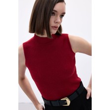 Sateen Sıfır Kol Sakallı Triko Bluz - Bordo