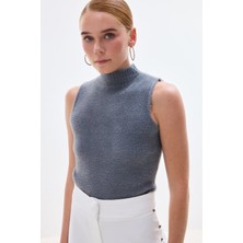 Sateen Sıfır Kol Sakallı Triko Bluz - Antrasit