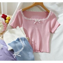 İsra Ayyıldız Moonstar Collection Zarif Dantelli Kurdeleli Basic Vücudu Saran Crop Top