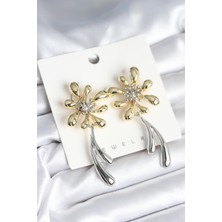 Ebijuteri Çiçek Model Gold Gümüş Renk Kadın Küpe