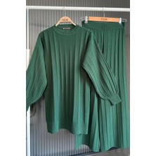 Kirazca Butik Kadıntriko Fitilli Balon Kol Ikili Takım Tunik Pantolon Tesettür Takım