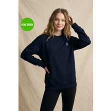 Unisex Bisiklet Yaka Oversize Sweatshirt İçi Pamuklu 3 İplik Şardonlu Rahat Kalıp Günlük Lacivert