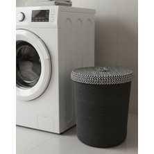 Mtg Jüt Tasarım El Emeği Doğal Jüt Kordon Halattan Siyah Renk Çamaşır Sepeti