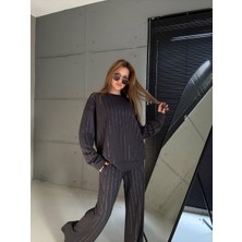 Cemo Siyah Ince Çizgili Taş Detaylı Uzun Kollu Eşofman/sweat Takımı