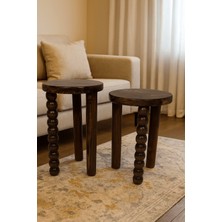 Ceviz Renk 2li Doğal Masif Ahşap Yan Sehpa Zigon Fiskos Seti