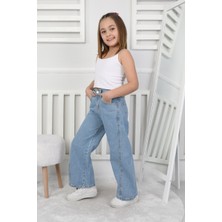 Canan Çakmak Premium Kalite Mavi Geniş Paça Model Jean Denim Kız Çocuk Pantolon