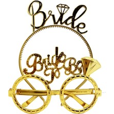 AyrStore Bride Yazılı Taç ve Bride To Be Yazılı Gözlük Seti Altın Renk