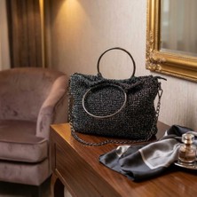 Yasminel El Yapımı Simli Makrome Çanta Metal Saplı Siyah Örgü Omuz Çantası Zincir Askılı Şık Tasarım