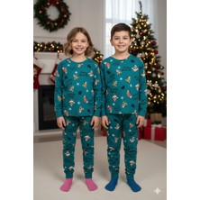 Isobel Yeşil Yeni Yıl Desenli Interlok %100 Pamuk Unisex Kız ve Erkek Çocuk Pijama Takımı 3-13 Yaş 42227-Y