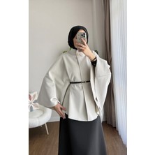 RFK Butik Kadın Oversize Kemerli Kaşe Panço - Bej