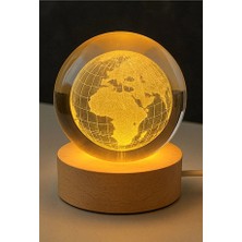 Usin 3D Kristal Dünya Haritası Cam Küre LED Işıklı Ahşap Standlı Tavana Işık Yansıtmalı USB Gece Lambası