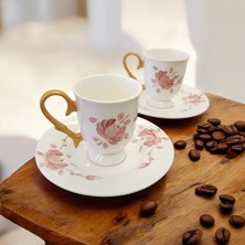 Pembe Gül Desen Kahve Fincanı 2'li Takım