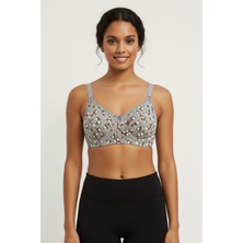 En Moda İç Giyim Kadın Gri Çiçekli Pamuklu Penye Sütyen | Süngersiz Desteksiz Telsiz Rahat Günlük Iç Giyim