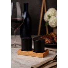 Şık Mat Siyah Seramik Tuzluk ve Biberlik Seti, Ahşap Standlı