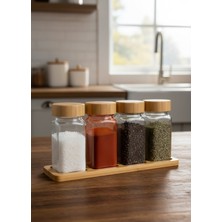 Bambu Kapaklı Kare Cam Baharatlık Seti, 4'lü, Standlı, Şık ve Kullanışlı