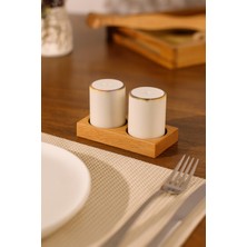 Şık Seramik Tuzluk ve Karabiberlik Seti, Ahşap Altlık, 6 cm