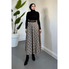 Merven Akyüz Hare Kemerli Ekose Desen Etek Sütlü Kahve