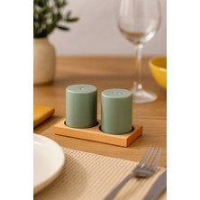 Yeşil Seramik Tuzluk ve Biberlik Seti, Ahşap Standlı, Şık ve Pratik