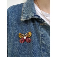 Lente Aksesuar Sarı Pembe Kristal Taşlı Kelebek Broş-Inci Detaylı Kelebek Yaka Iğnesi