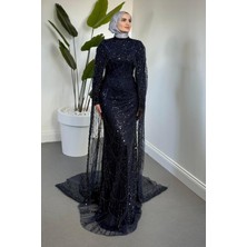 Merven Akyüz Ardina Pelerinli Boncuk Işlemeli Balık Abiye Lacivert