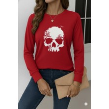 Moderie Butik Kadın Uzun Kollu Bisiklet Yaka Kurukafa Desenli Viskon Bluz