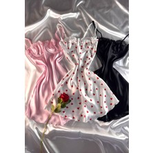 Hama Love Kadın Pembe - Beyaz Kalpli - Siyah Saten Gecelik