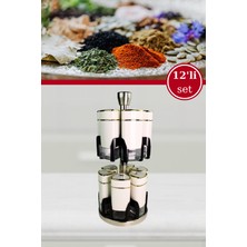 12’li Cam Baharatlık Seti, Döner Stantlı Yuvarlak Tuzluk ve Karabiberlik