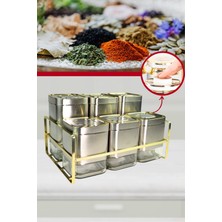 Şık 6'lı Kare Vakum Kapaklı Cam Baharatlık Seti ve Metal Stand