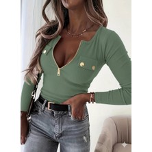 Moderie Butik Kadın Uzun Kollu Önden Fermuar ve Cepli Kaşkorse Bluz