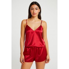 Bradien Kadın Kırmızı Saten Askılı Şortlu Pijama Takımı