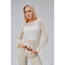 Jinx Wear Fashion Dantelli Kayık Yaka File Örgü Pamuklu Bolero Delikli Ajurlu Triko Bluz Kazak