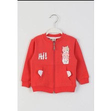 Isobel %100 Pamuk Yumuşak Doku (9-36 Aylık) Cepli Sevimli Kedicik Baskılı Fermuarlı Kırmızı Sweat Hırka