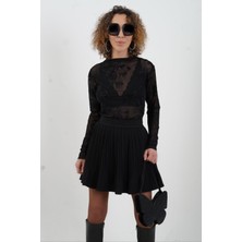 Zelish My Sister Siyah Floral Desenli Işıltılı Tül Bluz