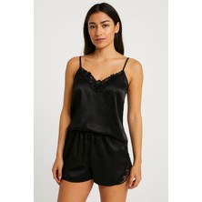 Bradien Kadın Siyah Dantelli Saten Askılı Şortlu Pijama Takımı