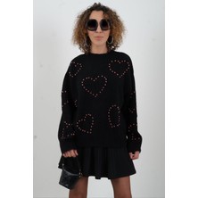 Zelish My Sister Siyah Kalp Taş Işleme Triko Kazak