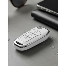 Lanitra Ford Ecosport Fiesta Puma Focus 4 Ranger Mondeo Kuga 3 Buton Nano Anahtar Kılıfı Sustalı Beyaz-Gümüş