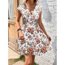 Moderie Butik Kadın Kısa Kollu Kruvaze Yakalı Çiçekli Desenli Süprem Elbise