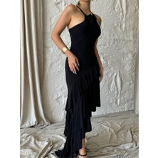 Kendim Fashion Güllü Elbise Asimetrik Katlı - Siyah