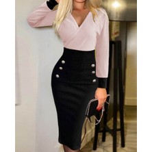 Kendim Fashion Kadın Uzun Kollu Kruvaze Yakalı Düğme Blok Desenli Kaşkorse Elbise