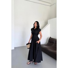 Kendim Fashion Jakarlı Keten Elbise Önden Yırtmaçlı Cepli - Siyah