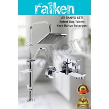 Ralken 2'li Banyo Batarya Duş Seti; Krom Robot Duş Seti ve Kare Banyo Bataryası - Yağmurlama Tepe Duş Takımı