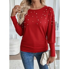 Kendim Fashion Kadın Uzun Kollu Yuvarlak Yaka Incili Viskon Bluz