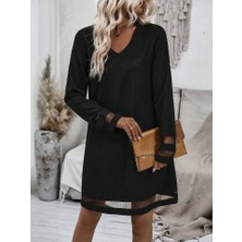 Kendim Fashion Kadın Uzun Kollu V Yakalı Tül Şerit Detaylı Mini Krep Elbise