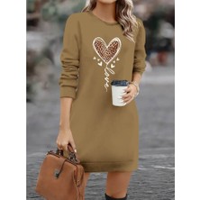 Kendim Fashion Kadın Uzun Kollu Bisiklet Yaka Kalp Desenli Kısa Viskon Elbise