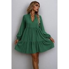 Kendim Fashion Kadın Uzun Kollu Yakadan Bağcıklı Fırfırlı Keten Mini Elbise